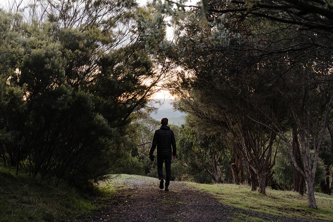 A man walking on a gravel path exploring the Yarra Valley with mountains in the background